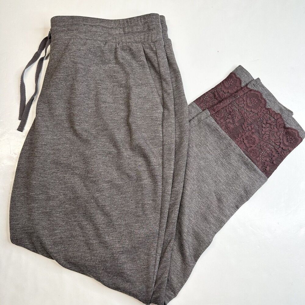 Logo Lounge Pants Skinny Sz Large Gray Pull On Stretch Soft Casual Lace Hem